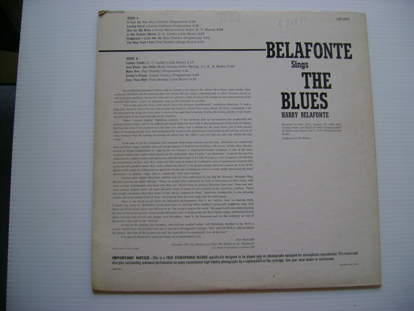 BELAFONTE SINGS THE BLUES – RCA VICTOR LSP-1972 LIVING STEREO