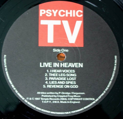 Industrial/Experimental PSYCHIC TV “Live In Heaven” LP 1987 TEMPLE Ltd. VG++