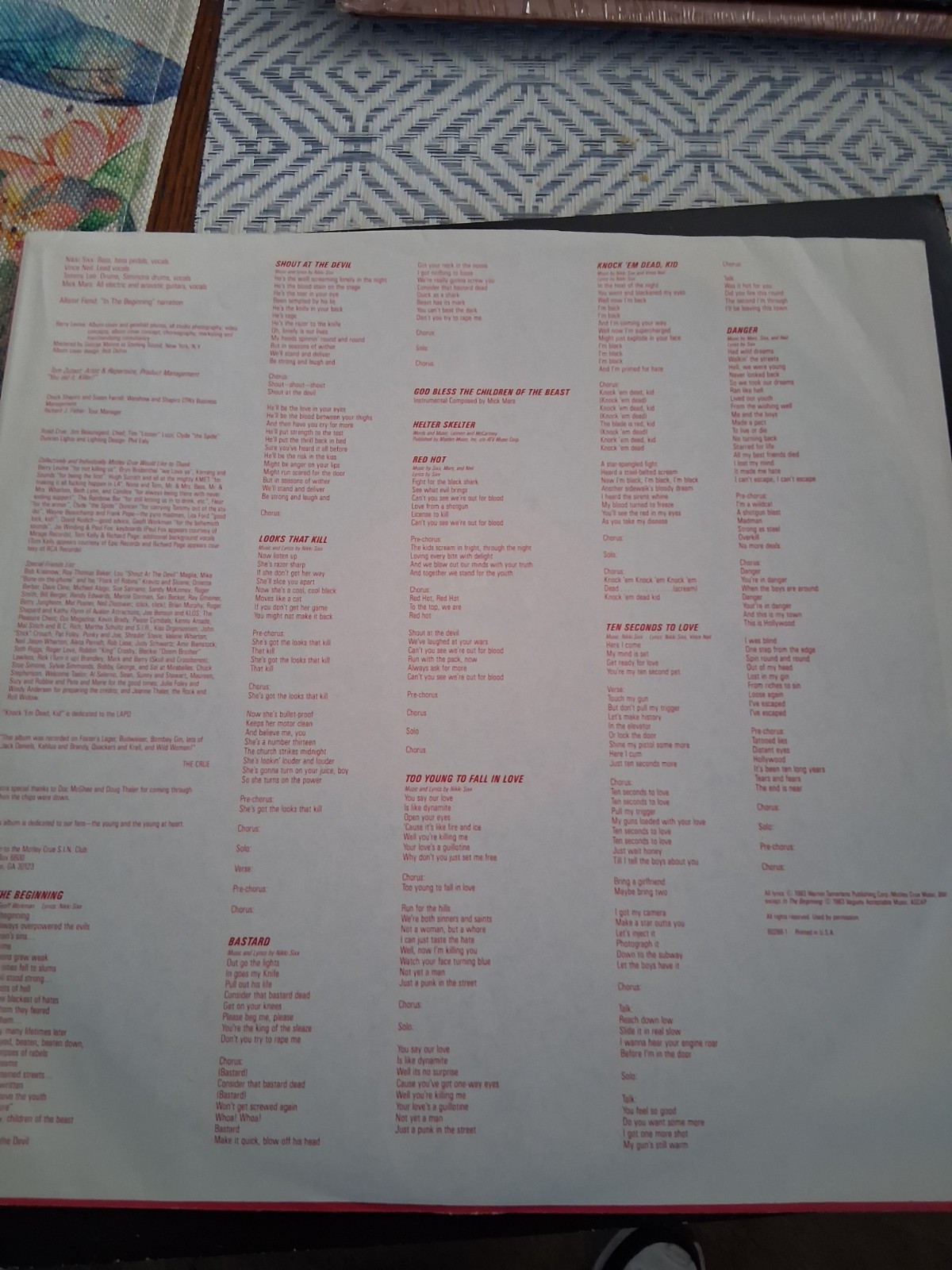 Mötley Crüe Shout at the Devil Elektra Vinyl LP Original Inner Sleeve
