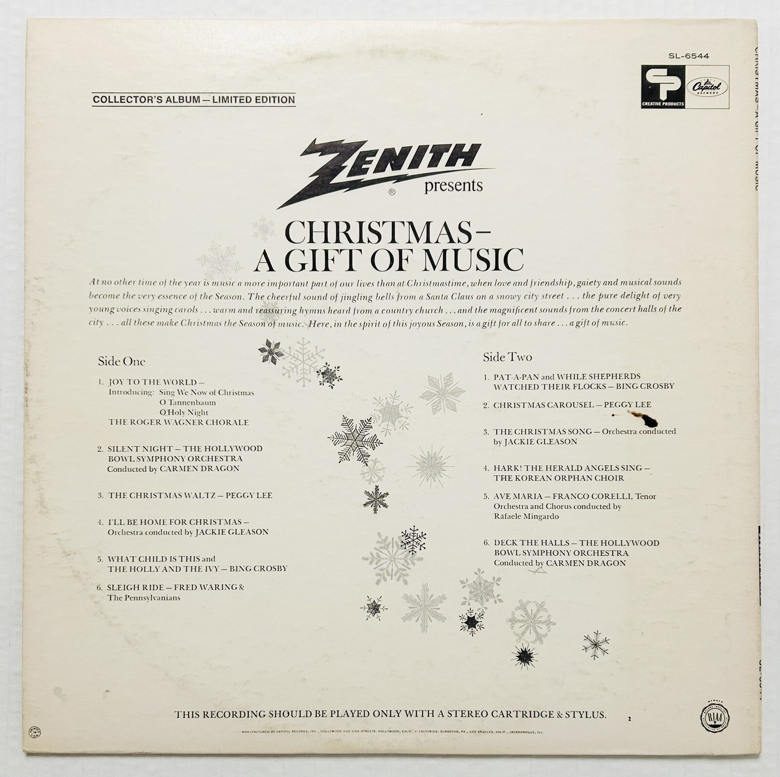 Various ZENITH PRESENTS CHRISTMAS A GIFT OF MUSIC 1967 Capitol Ultrasonic Clean