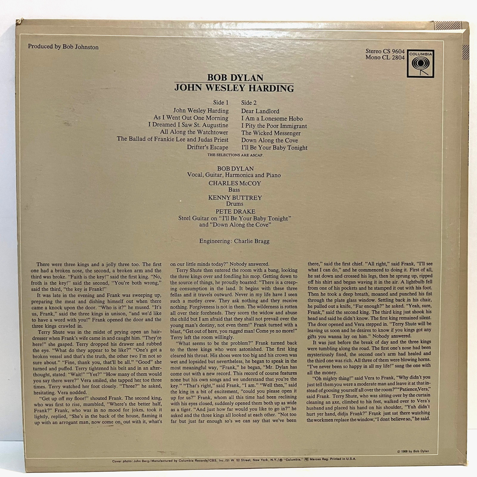 BOB DYLAN – John Wesley Harding (1968) – 12″ Vinyl Record LP – EX