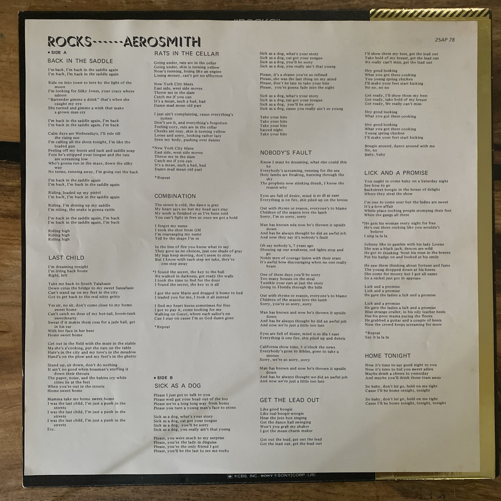Aerosmith ~ Rocks ~ Vintage Japanese LP w/Insert CBS/Sony – 25AP 78