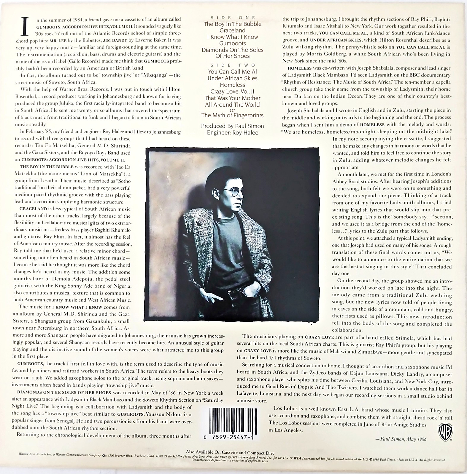 Paul Simon – Graceland – 1986 Vinyl LP (inner) – Soul / Pop / Folk Rock