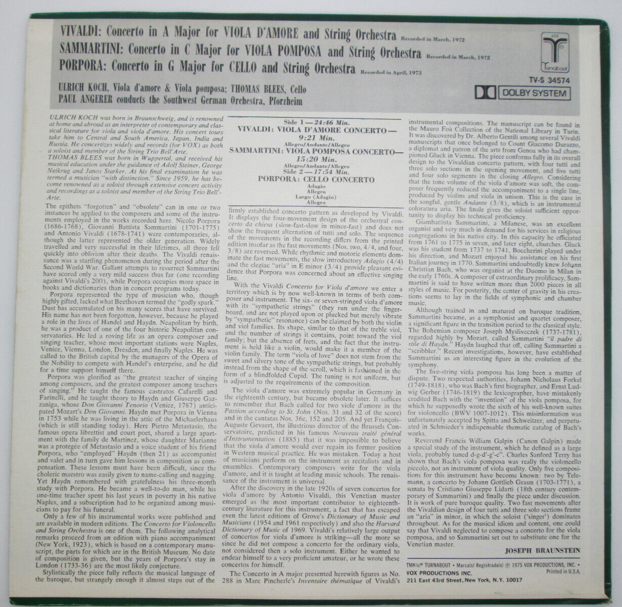 Vivaldi, Sammartini, Porpora string concerti (P. Angerer) Turnabout TVS 34574 nm
