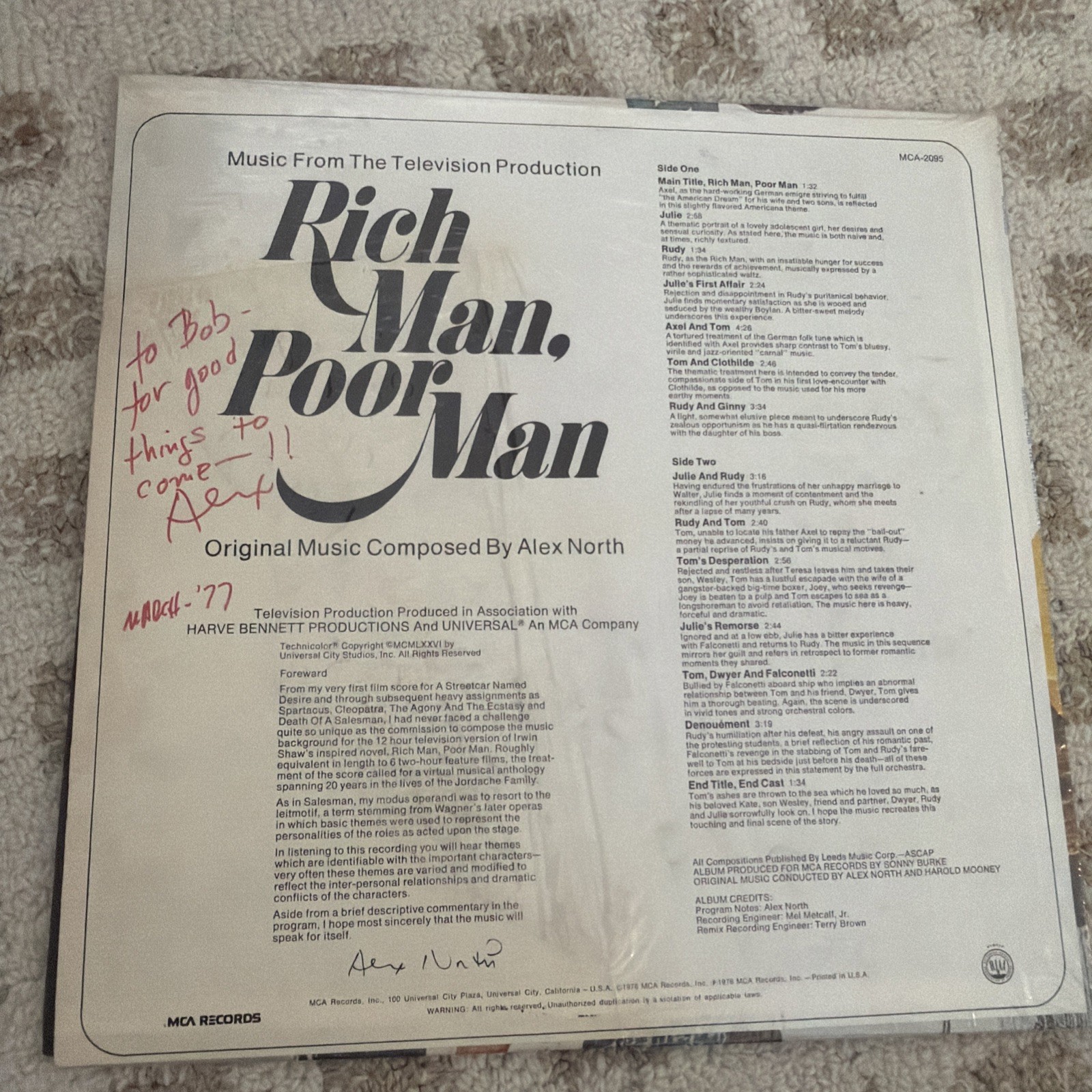 Autographed Alex North – Rich Man, Poor Man Vinyl – Jazz Composer Rare Died 1991