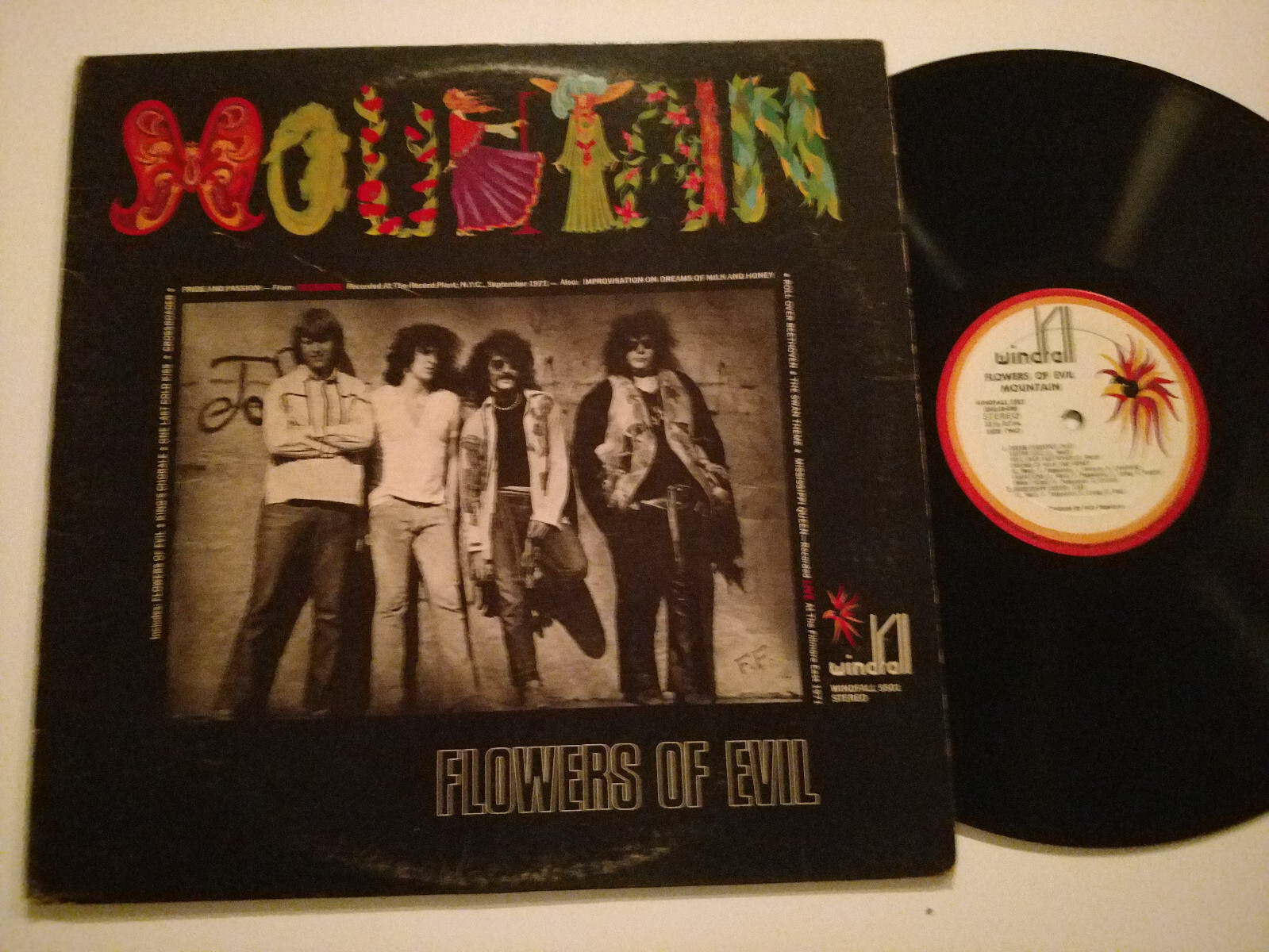 MOUNTAIN LP FLOWERS OF EVIL 1971 WINDFALL 5501 BESTWAY 1ST PRESS PINK RIM