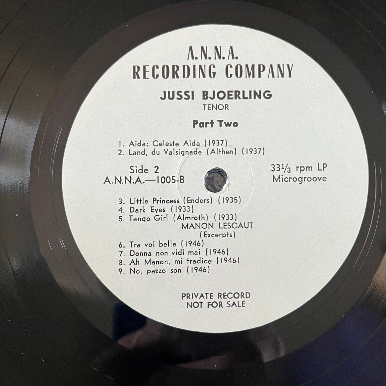 Jussi Bjoerling – Private Record LP A.N.N.A. Recording Opera Tenor 33 RPM