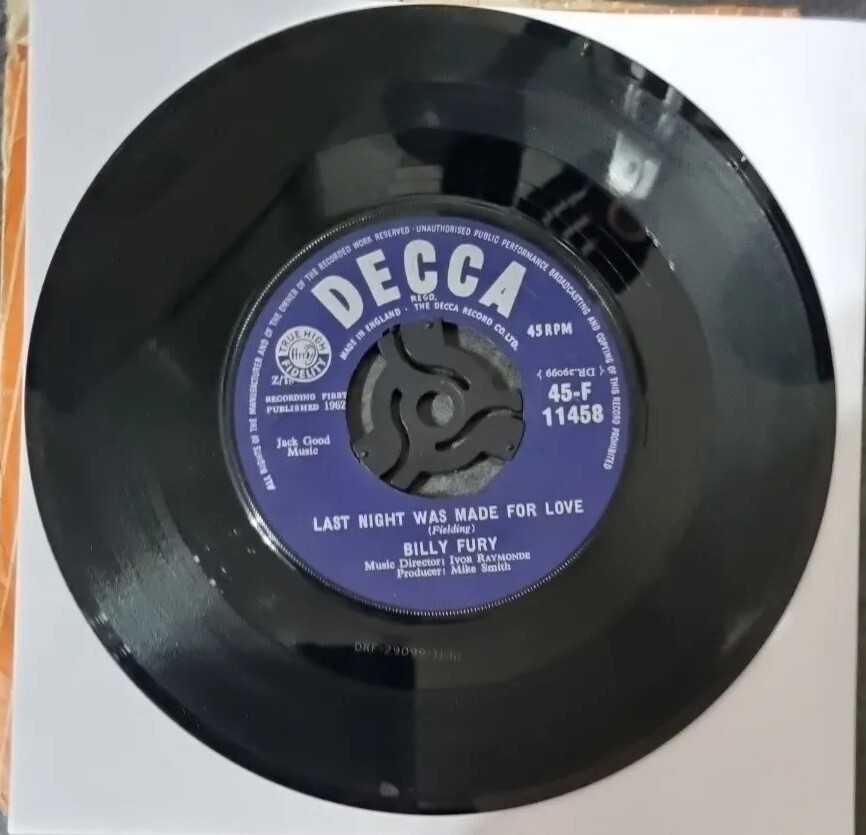 Billy Fury – Last Night Was Made For Love – VG 7″ vinyl single Decca 1962