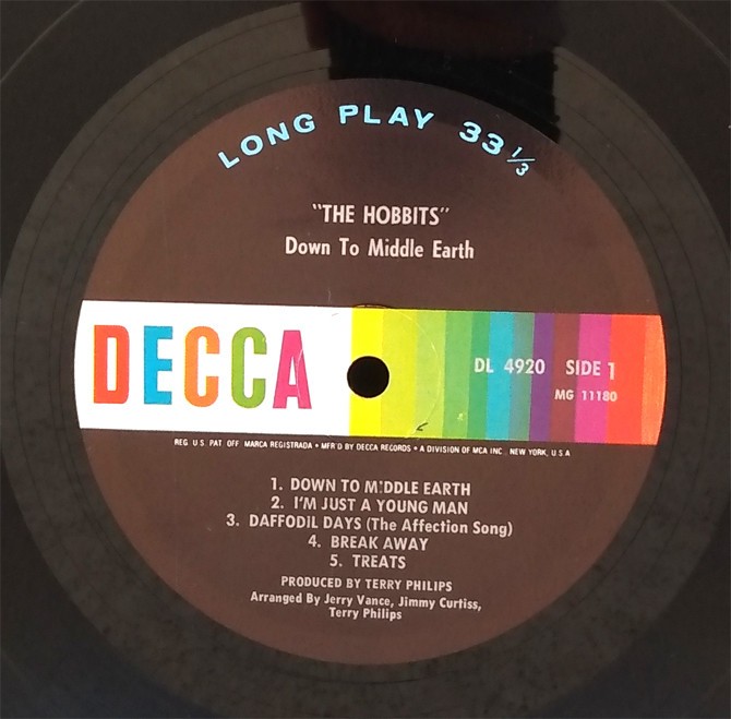THE HOBBITS DOWN TO MIDDLE EARTH 12″ Album Psychadelic Pop Rock 1967 DISC: VG