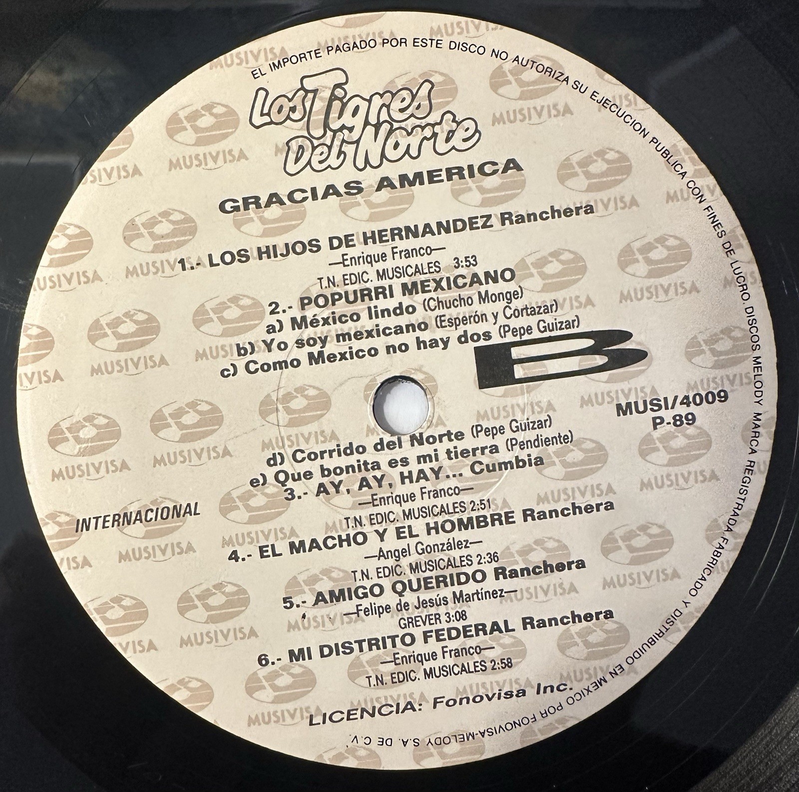 Los Tigres Del Norte – Gracias America Sin Fronteras (1 x LP, 1989 MX, EX)