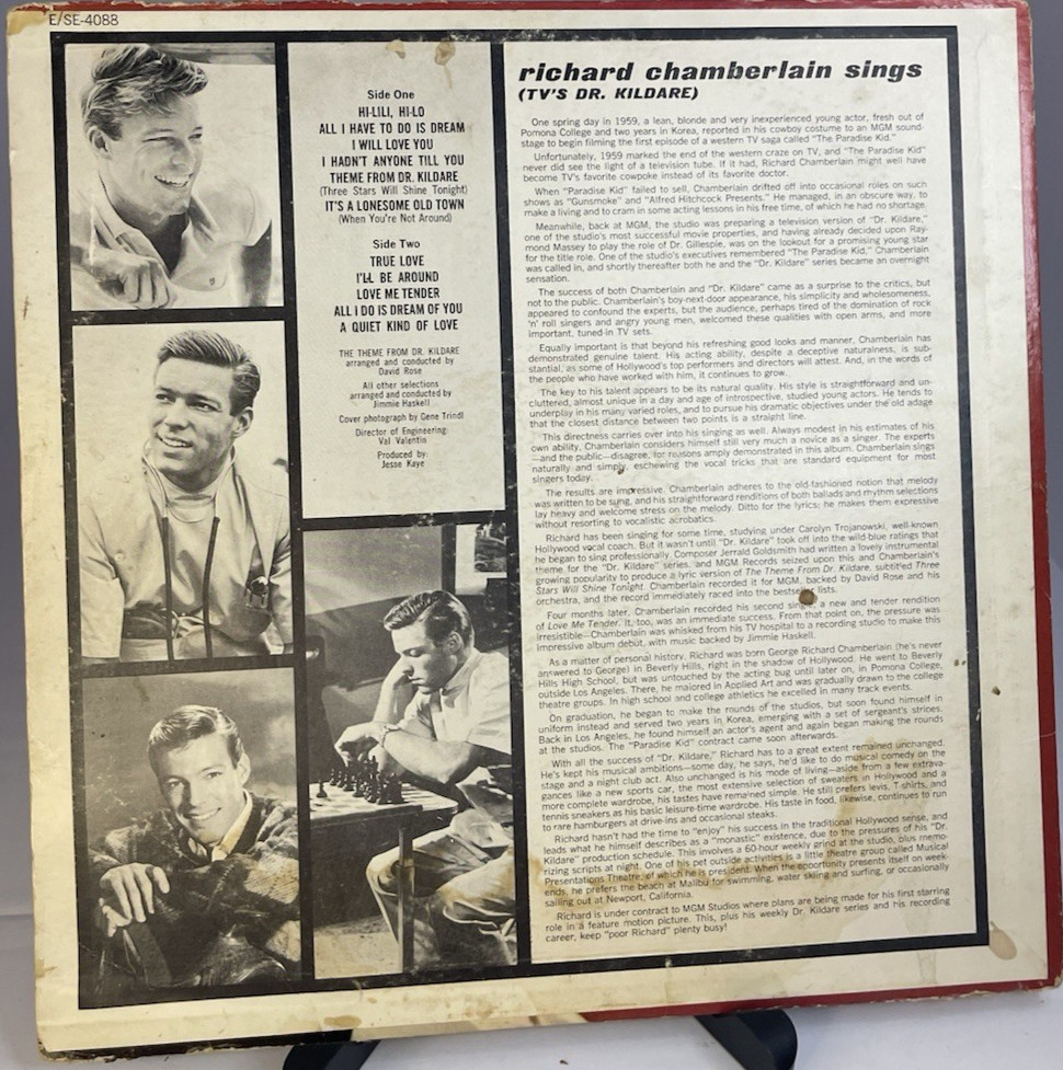 NG Richard Chamberlain Sings Dr Kildare MGM E SE 4088 1962 High Fidelity Vinyl