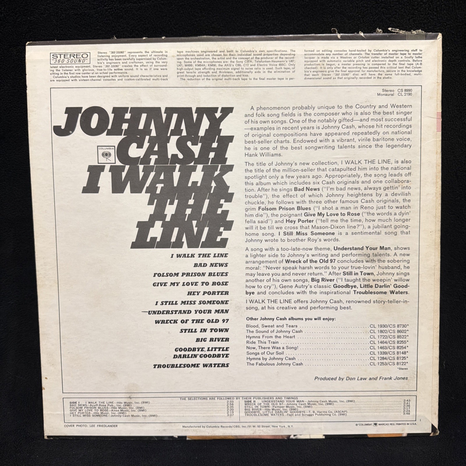 Johnny Cash I Walk The Line LP Vinyl Record CS 8990 Stereo Columbia 360 Sound