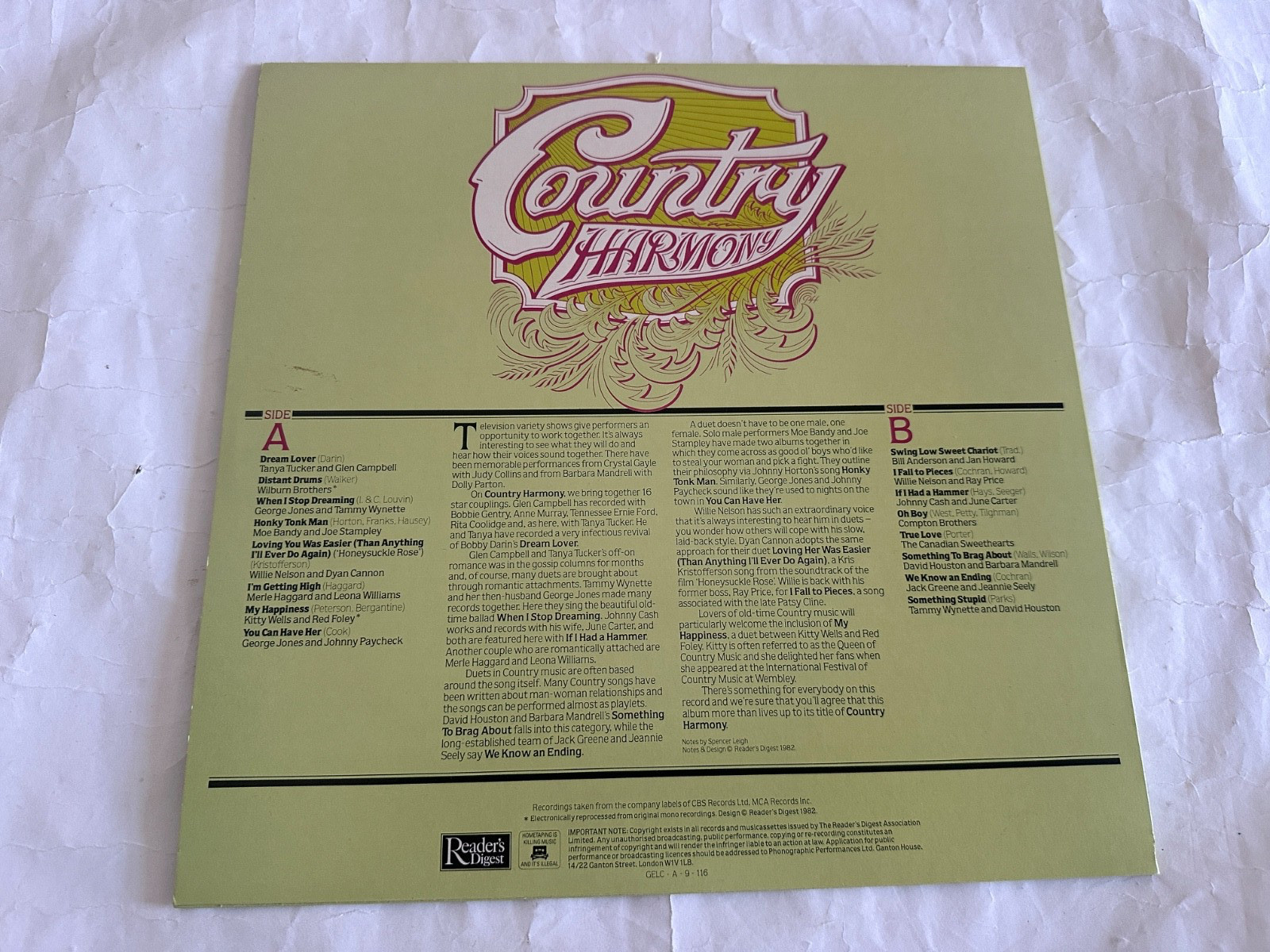 Country Harmony – Various Artists – Reader’s Digest – RDS 9999 – Vinyl LP
