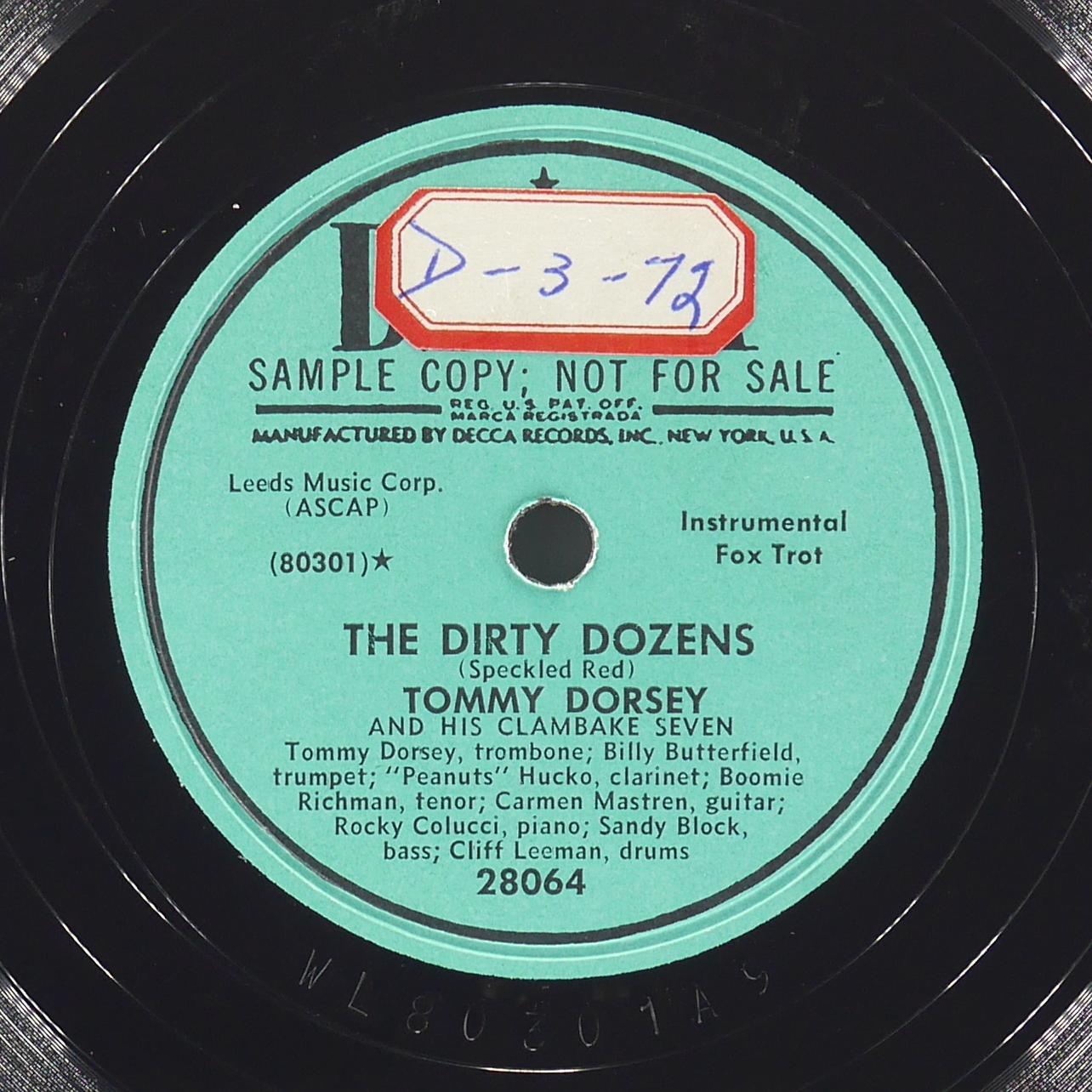 TOMMY DORSEY The Dirty Dozens / Trouble In Mind DECCA 28064 VG+ 78 10″ 1952 Jazz