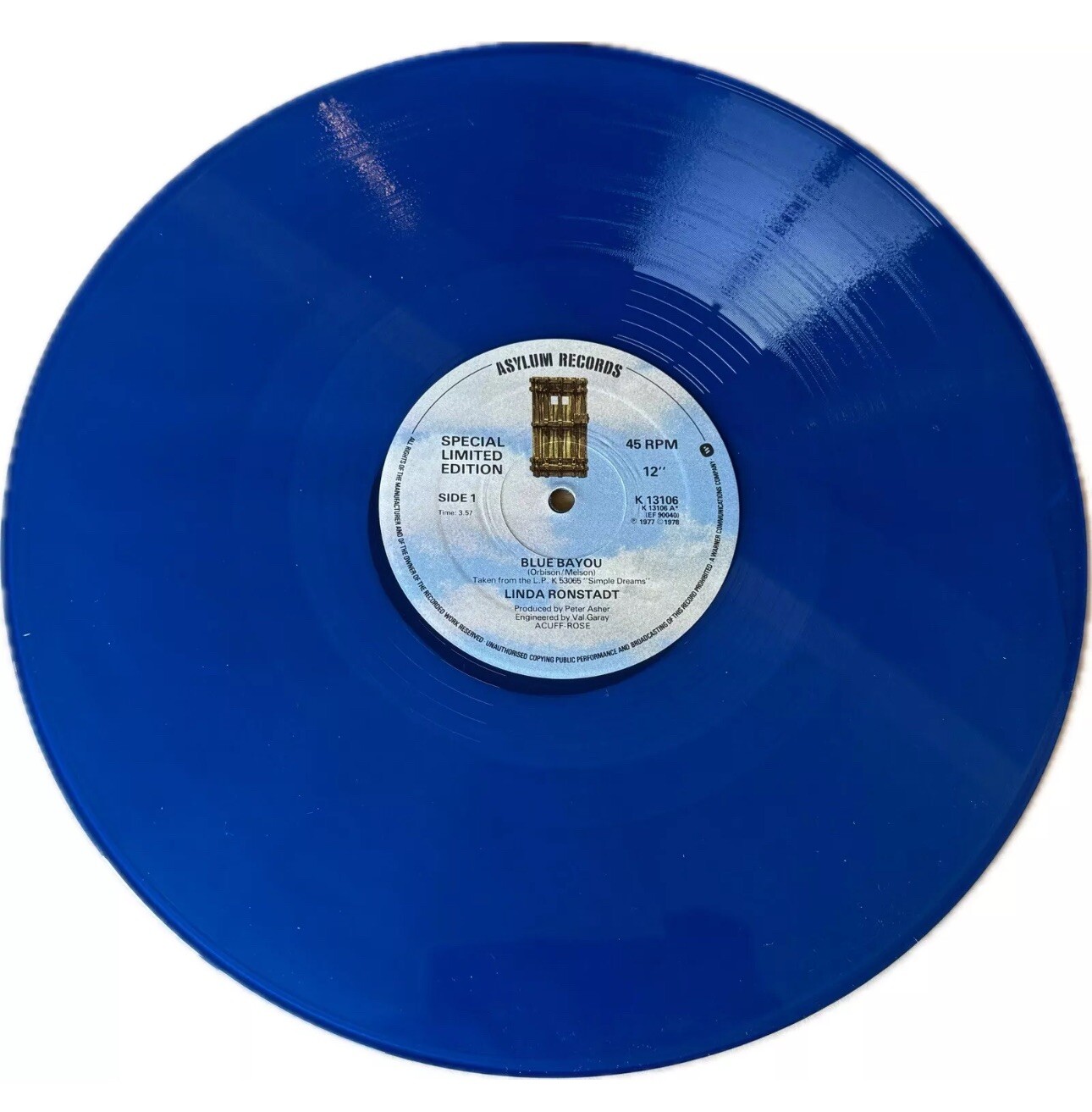 Linda Ronstadt Blue Bayou 12” Blue Vinyl Single Ltd Ed UK Asylum Records used