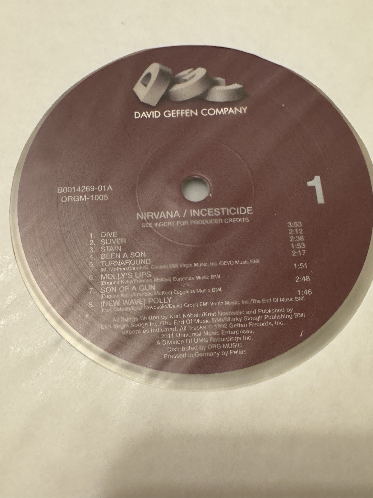 Nirvana Incesticide Clear Vinyl LP 2011 ORG Music Pallas Press ORGM-1005 VG+