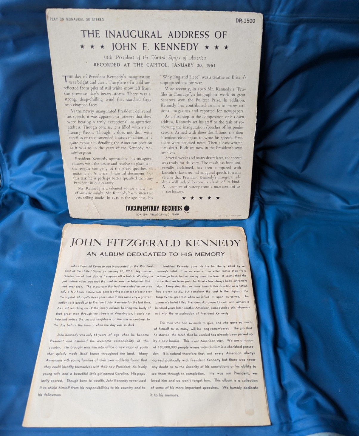 President John F Kennedy Lot of 2 7″ Records ~ Inagural Address & Memorial Album