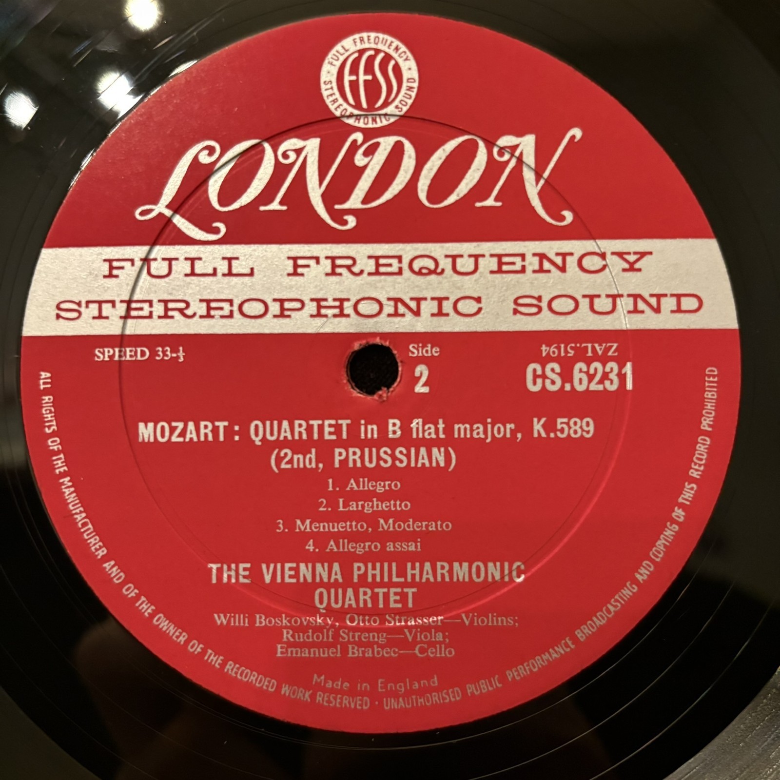 LONDON CS 6231 MOZART Quartets K. 499 & 589 VIENNA PHILHARMONIC QUT WB DG FFSS