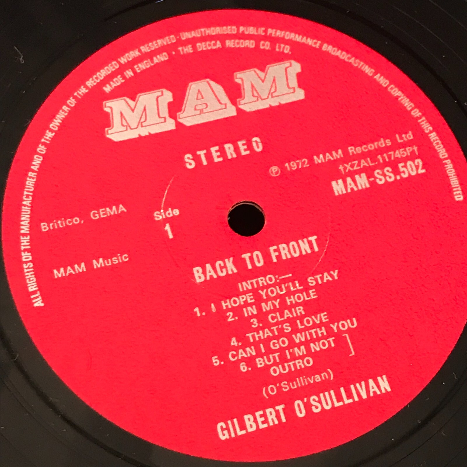GILBERT O’SULLIVAN Back To Front 1972 UK vinyl + Insert poster Clair original C
