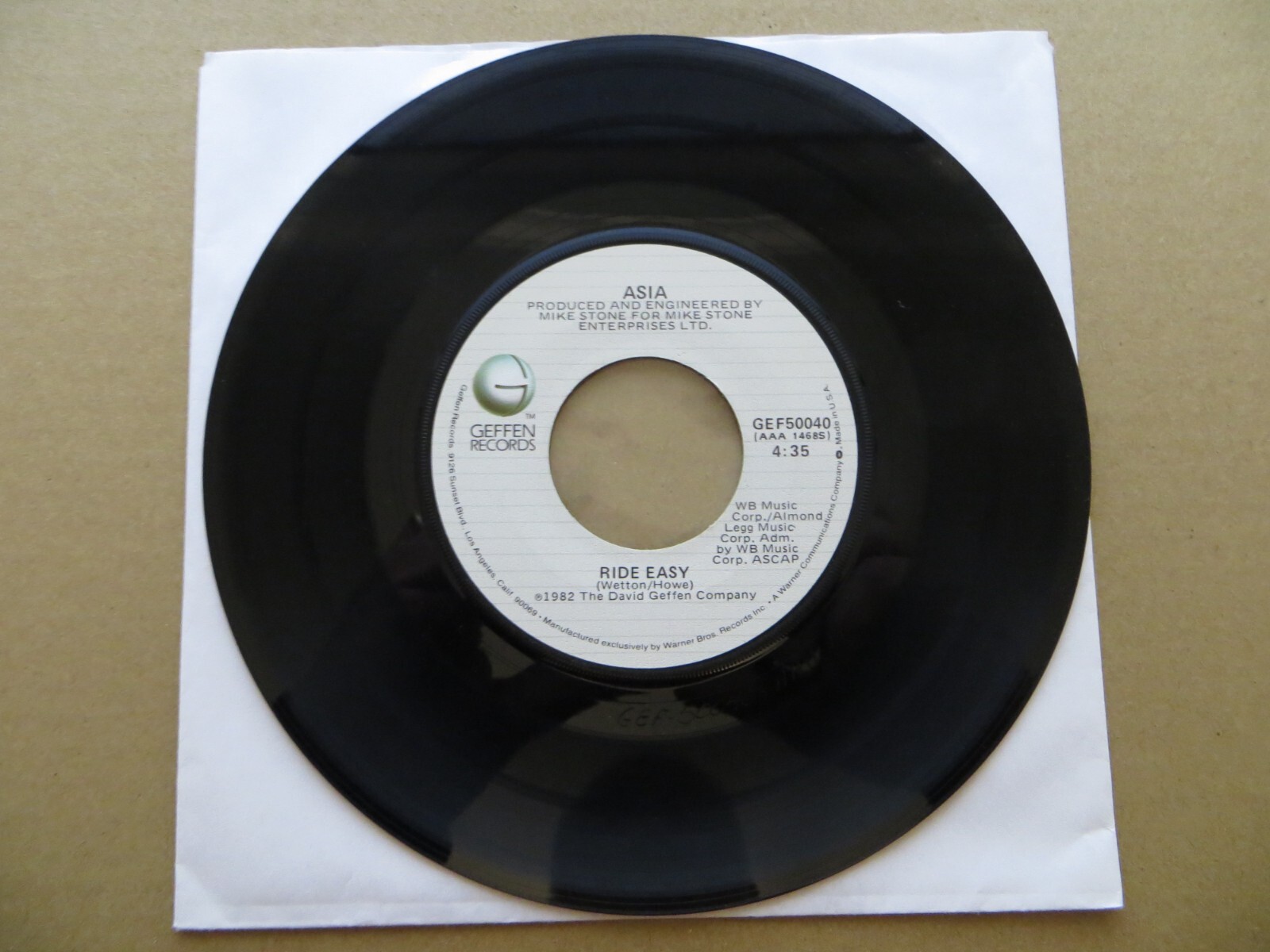 Asia – Heat Of The Moment / Ride Easy – 1982 Geffen Records GEF 50040 7″ Single