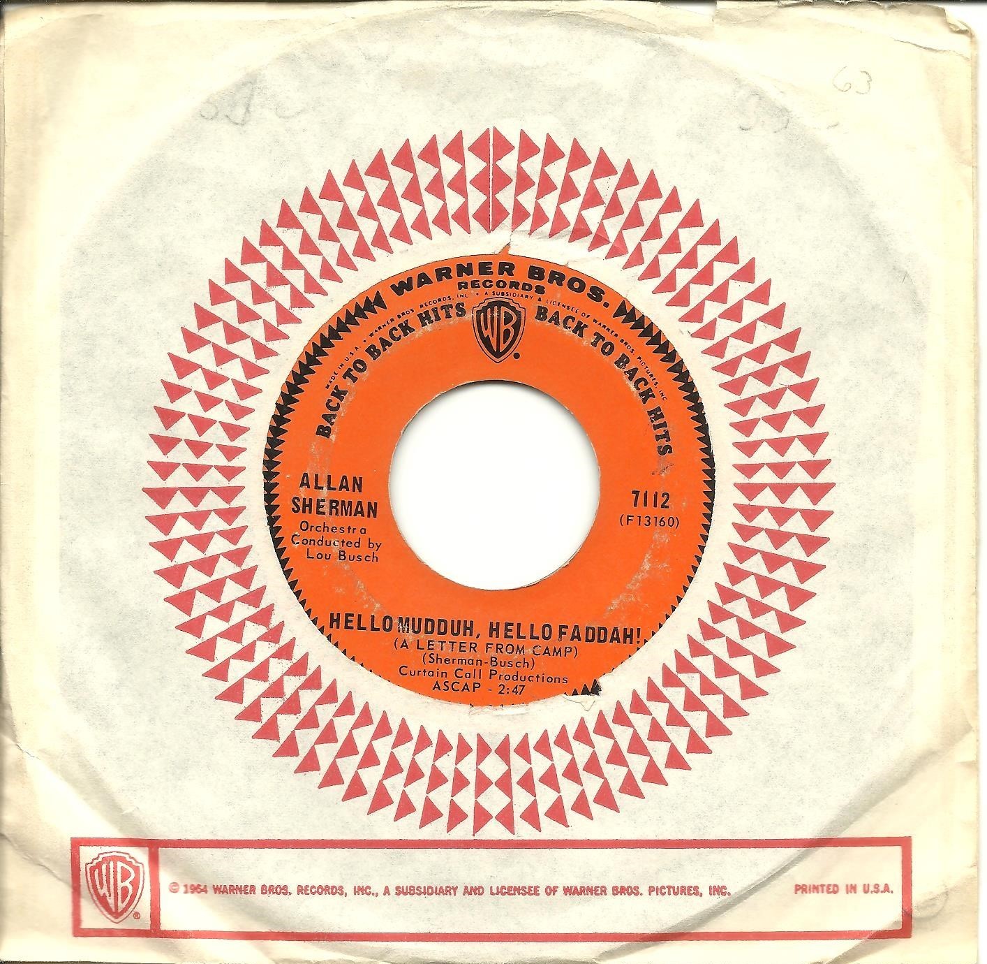 Allan Sherman-Hello Mudduh, Hello Faddah!-45 RPM-comedy-WB 7112-Reissue-vinyl-