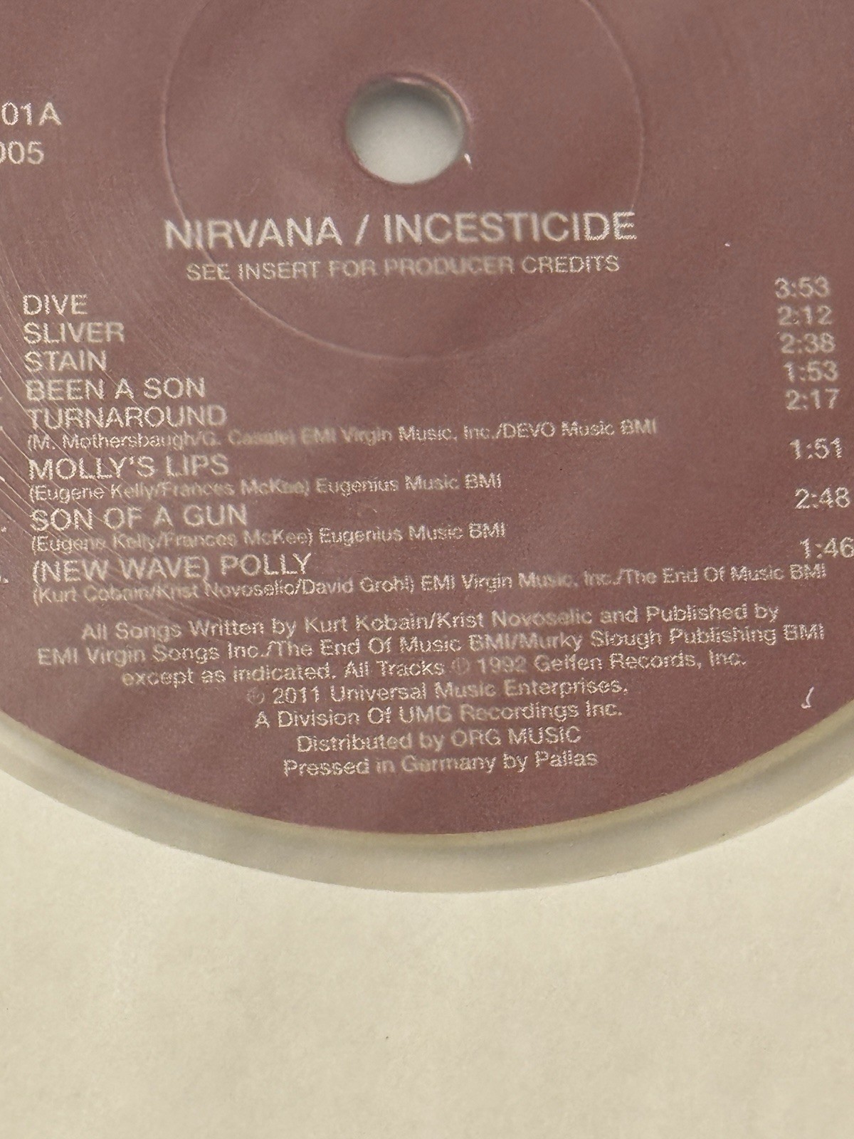 Nirvana Incesticide Clear Vinyl LP 2011 ORG Music Pallas Press ORGM-1005 VG+