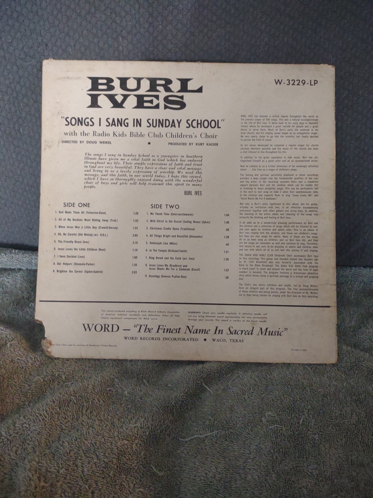BURL IVES Sings with the Children Songs I Sung In Sunday School LP Case