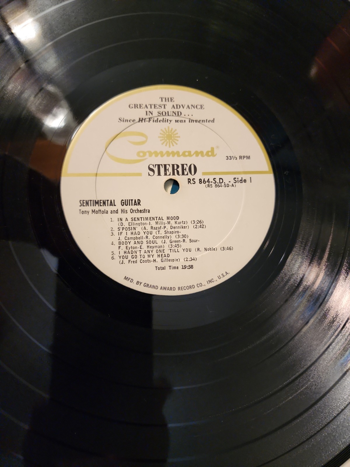 Sentimental Guitar Tony Mottola Gatefold RS864SD Command Vinyl Record LP EX 1964