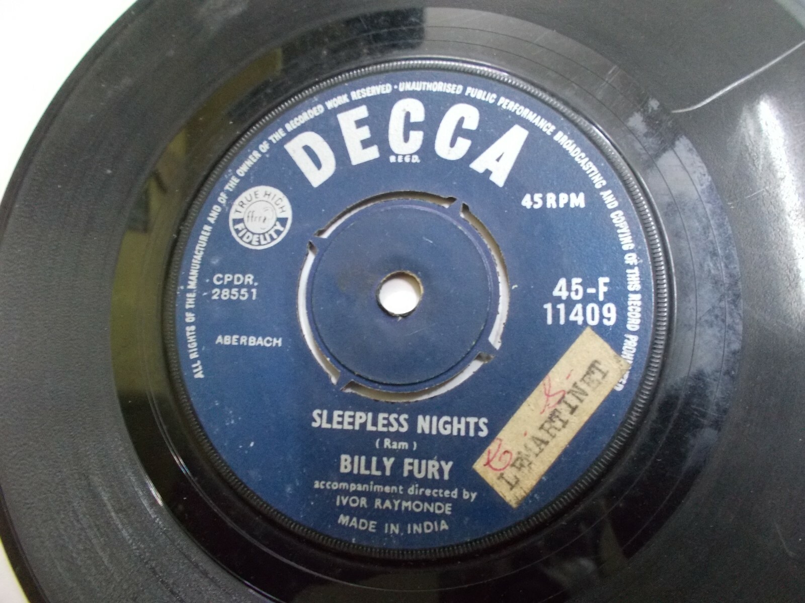 BILLY FURY i’d never find another/sleepless night decca rare SINGLE 45 INDIA VG+