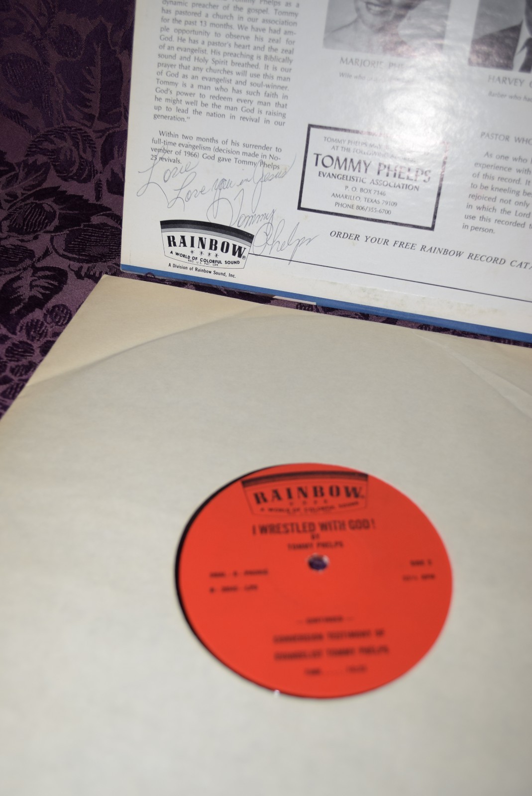 TOMMY PHELPS I Wrestled With God RAINBOW Xian Spoken Word SIGNED VG+/VG+