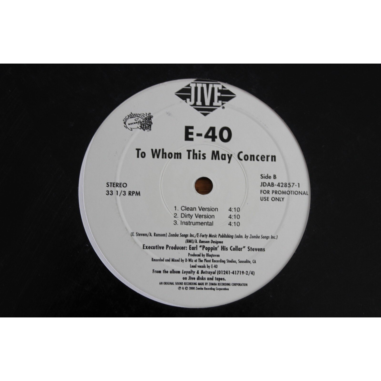 E-40 “BEHIND GATES / TO WHOM THIS MAY CONCERN” 12″ SINGLE VINYL VG JIVE PROMO