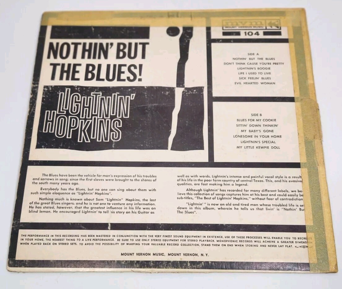 Lightnin’ Hopkins – Nothin’ But The Blues – LP- Mount Vernon MVM 104 – VG to VG+