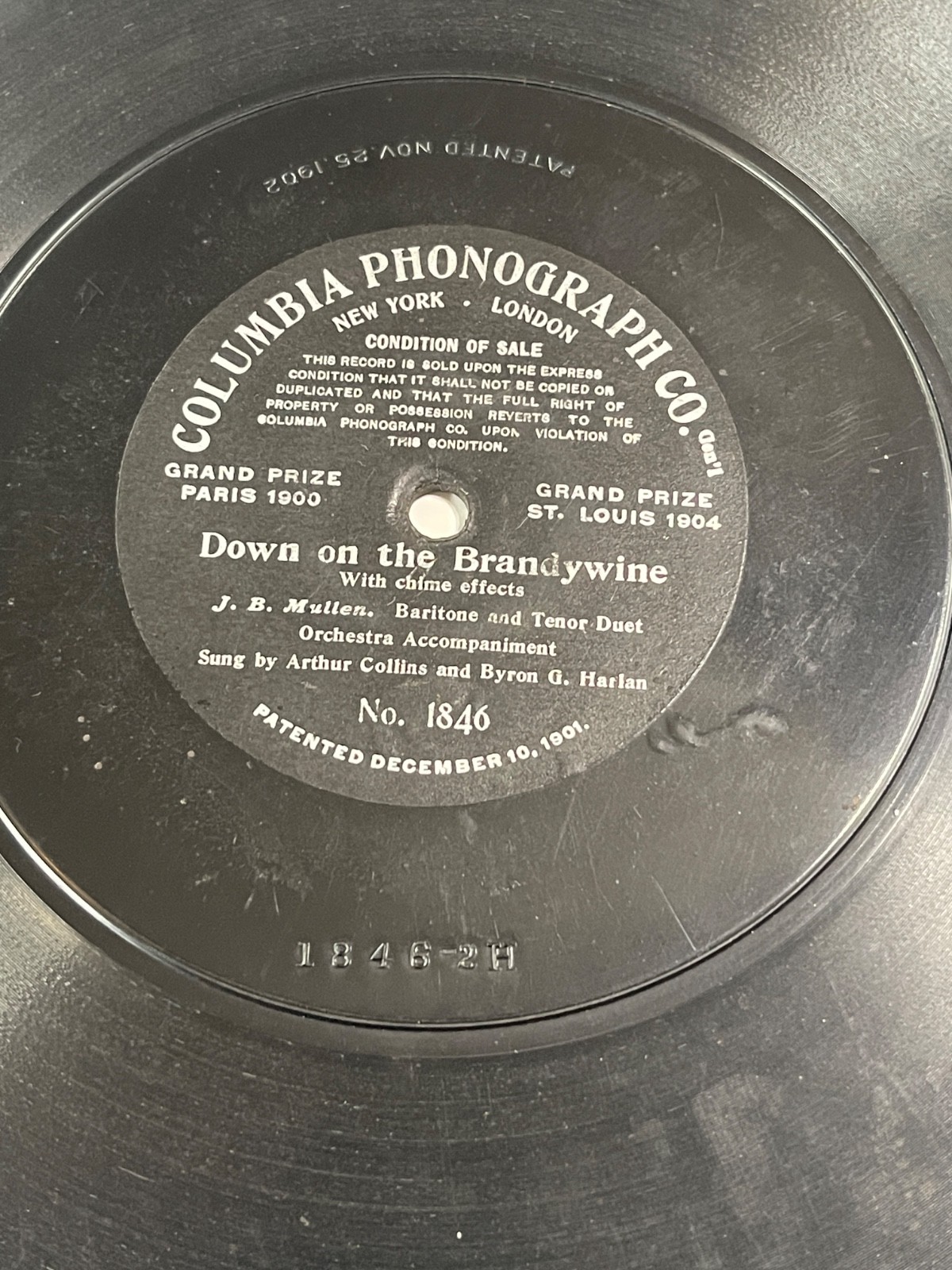 EARLY COLUMBIA ONE SIDED 1846 DOWN ON THE BRANDYWINE SUNG BY COLLINS and HARLAN