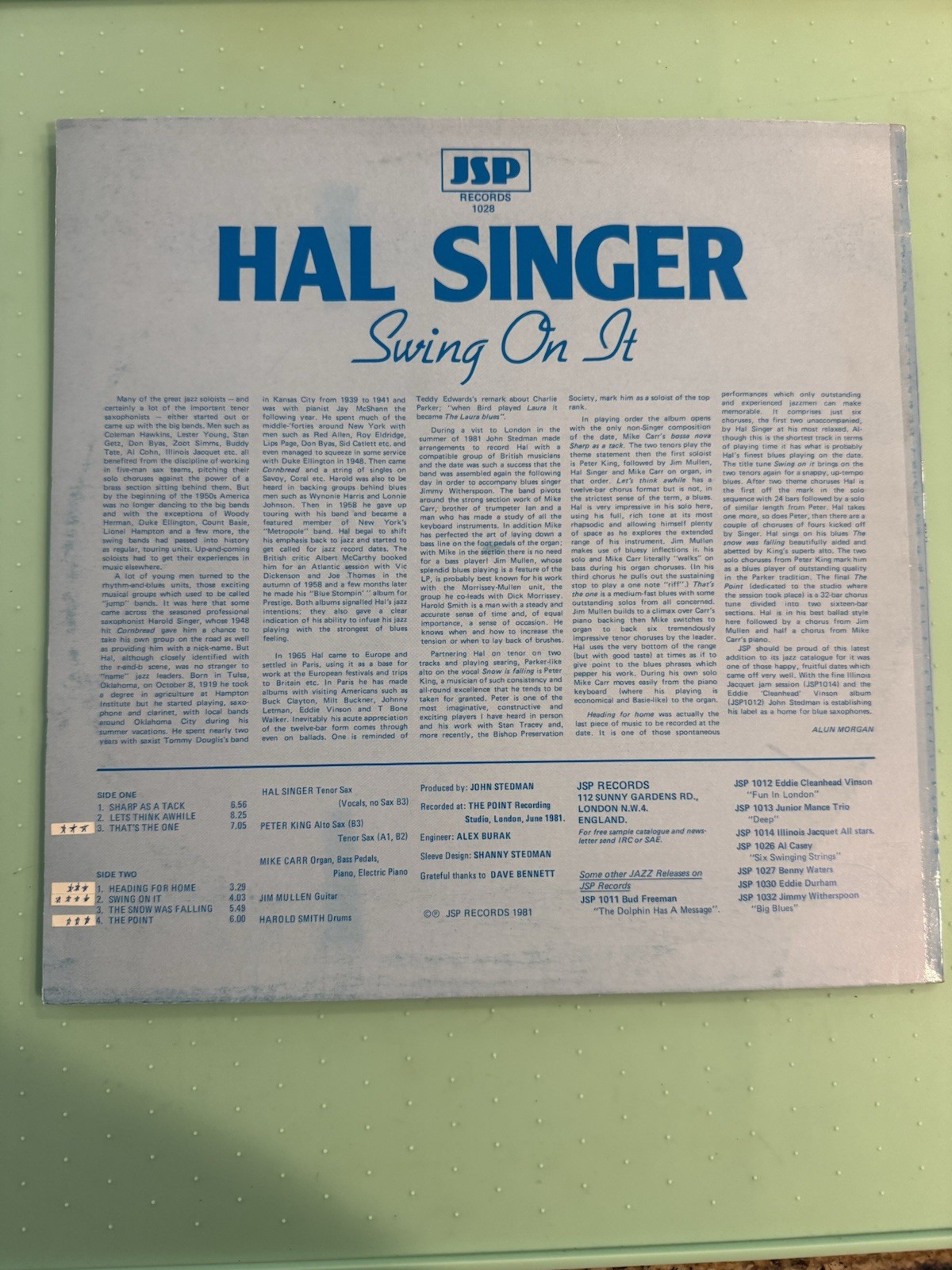HAL SINGER Swing On It Peter King Mike Carr Jim Mullen Harold Smith UK JSP 1981