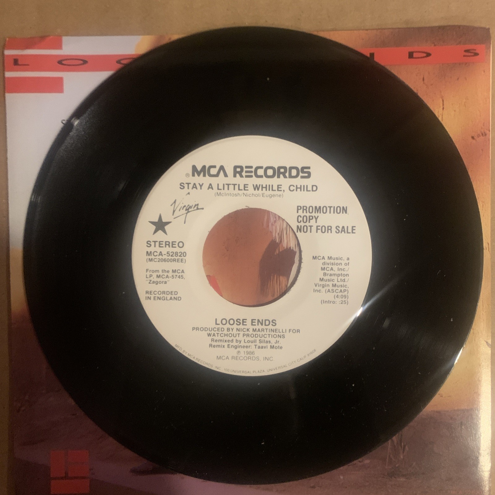 Loose Ends, 45 rpm, Promo, VG+, Stay A Little While Child, MCA-502820
