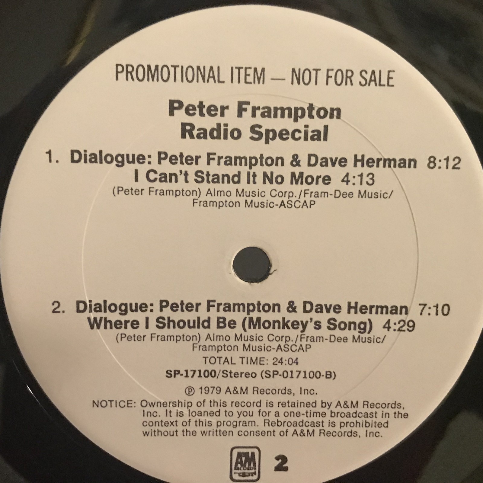PETER FRAMPTON Radio Special WHITE LABEL PROMO 1979 A&M SP 17100 Promotional
