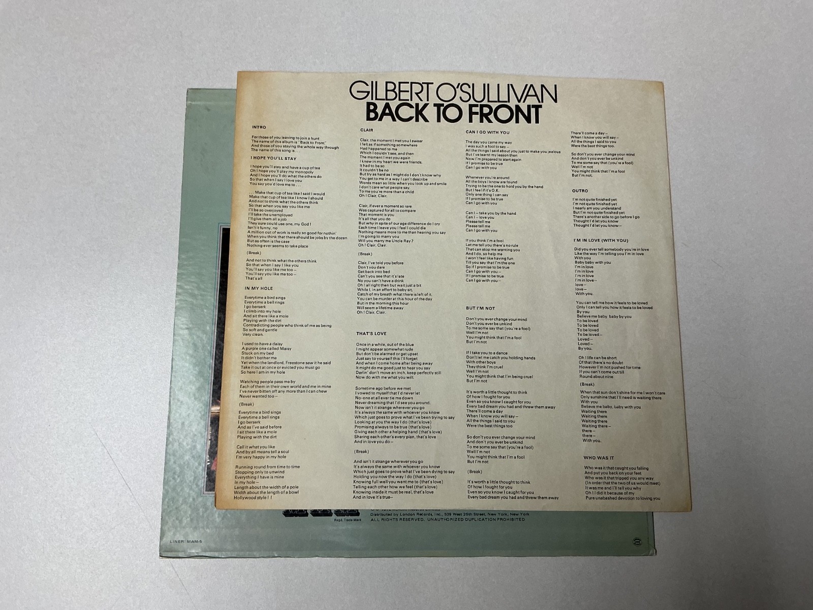 Gilbert O’Sullivan – Back To Front 1972 LP MAM-5 / Ultrasonic Cleaned / NM
