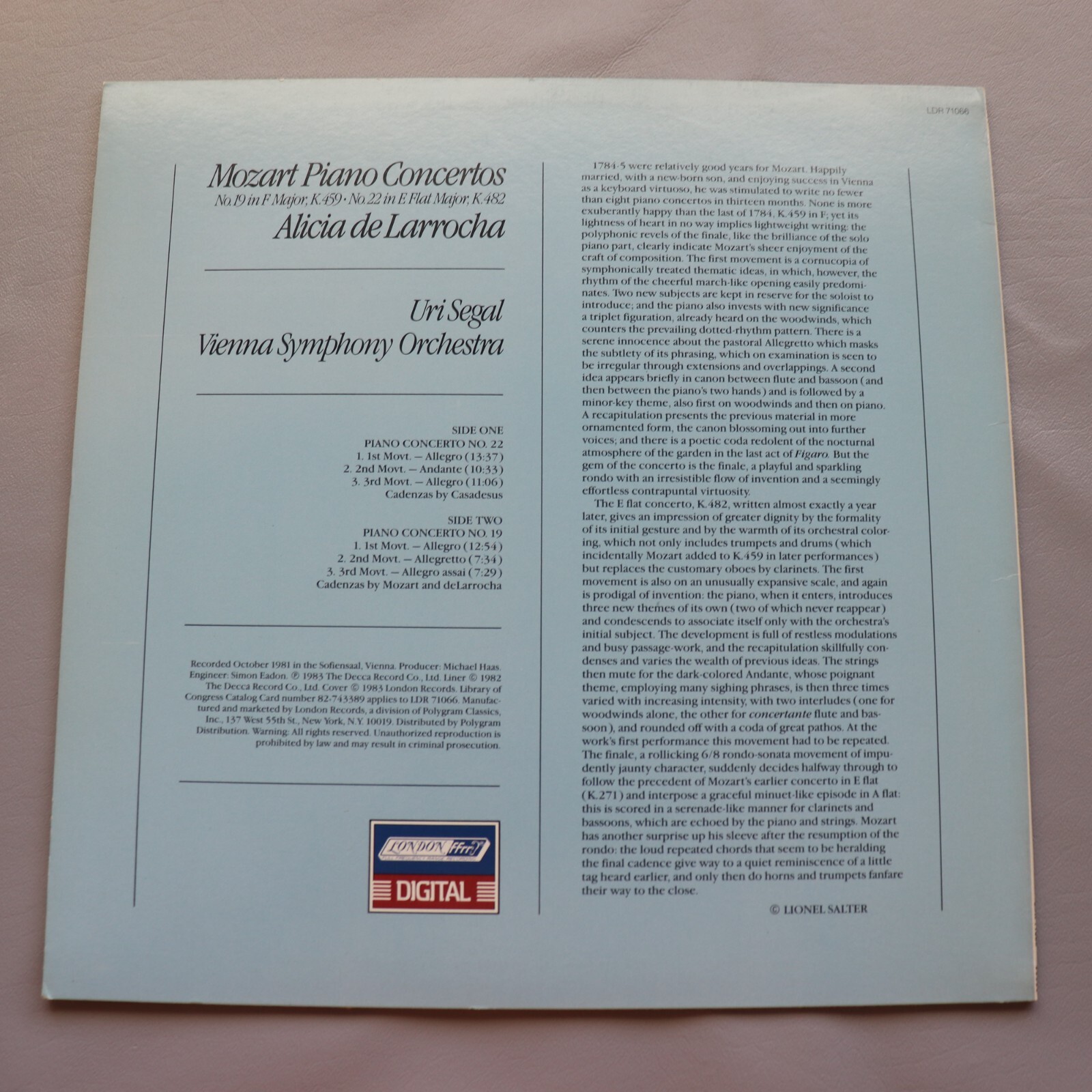 Mozart Piano Concertos No 19 22 LP Alicia De La Rocha Decca 1983 Vienna Symph