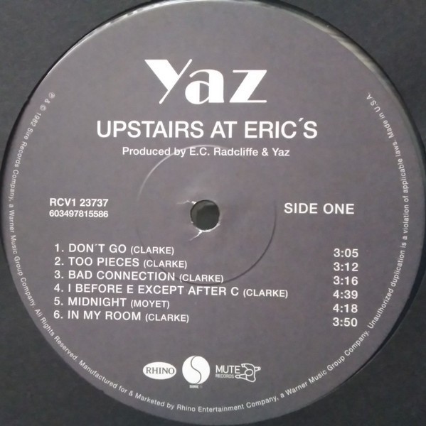YAZ: Upstairs At Eric’s (Clear Crystal LP)- Rhino Records, Mute, Sire