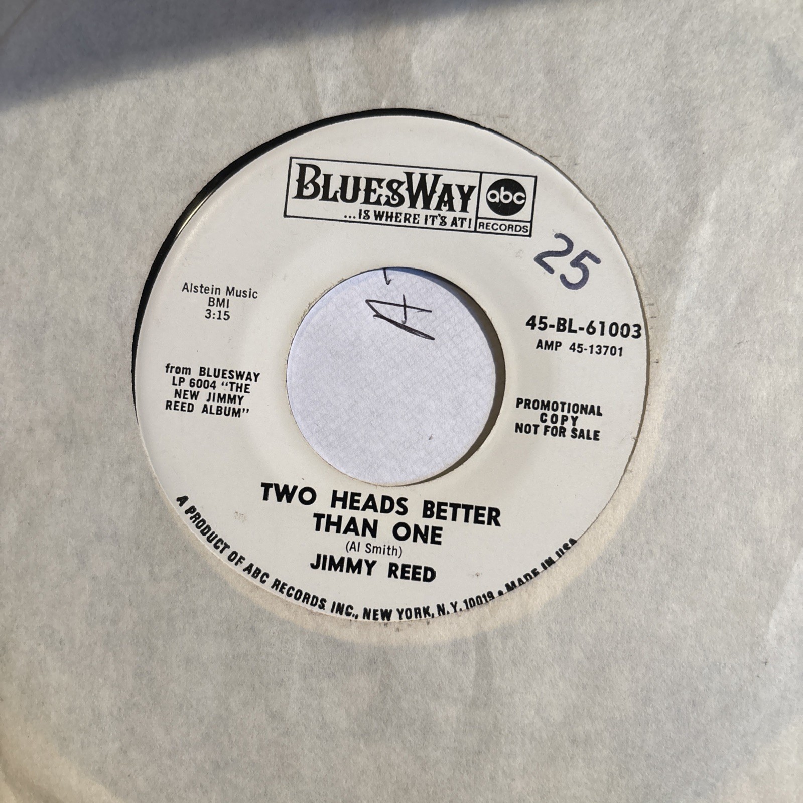 Jimmy Reed: Two Heads Better Than One/I Wanna Know 45 Bluesway Promo VG++ Vinyl