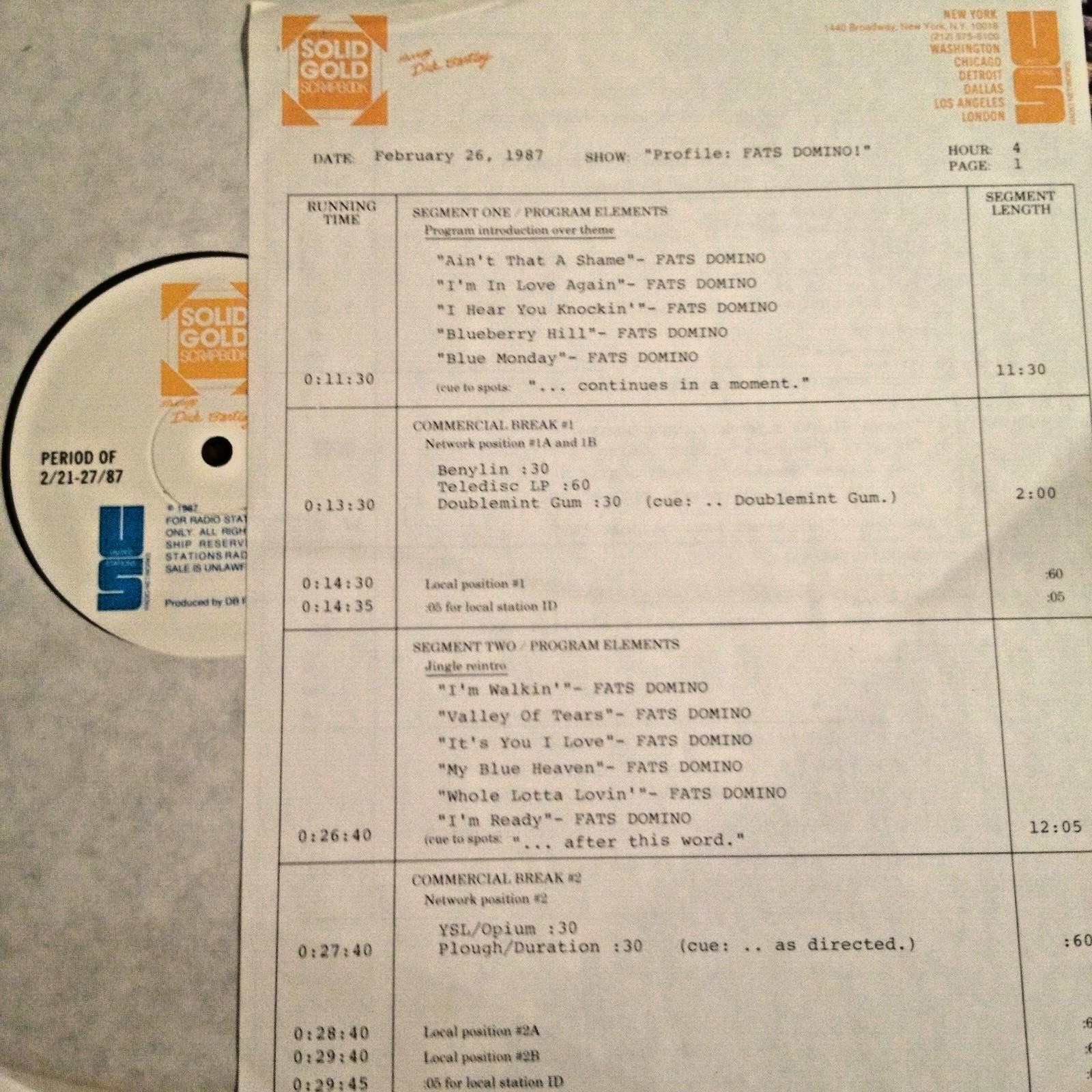 2/26/87 SOLID GOLD SCRAPBOOK’S FATS DOMINO TRIBUTE w/20 GREAT FATS DOMINO HITS