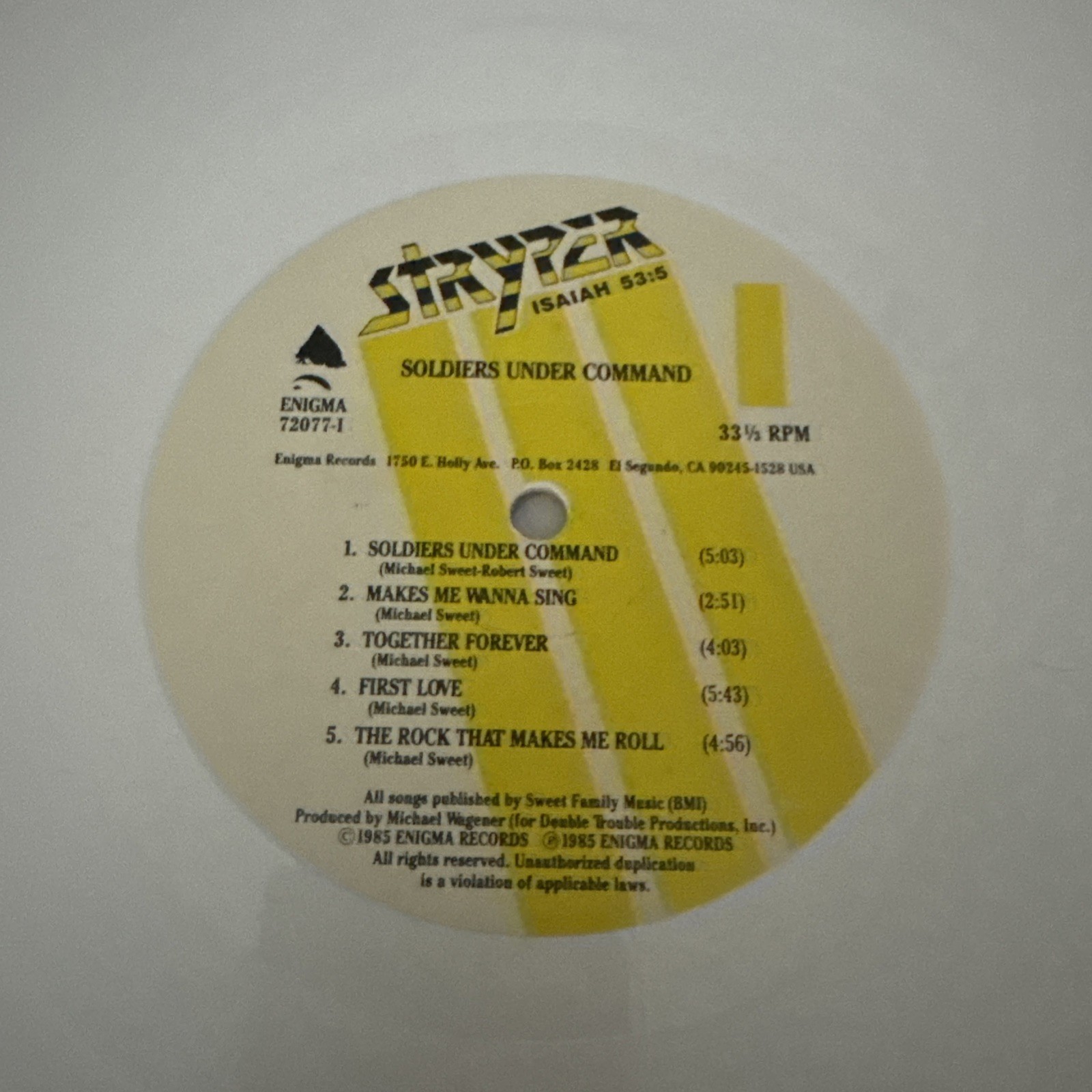 Stryper Soldiers Under Command LP Limited Edition White Vinyl 1985 1st Press