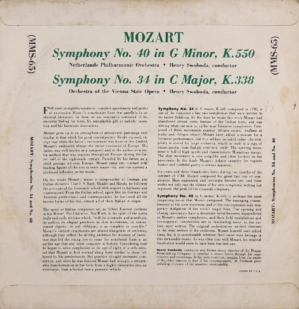 MMS-65 Mozart Symphony No. 40 G Minor K.550 & 34 C Major K.338 10″ Vinyl LP