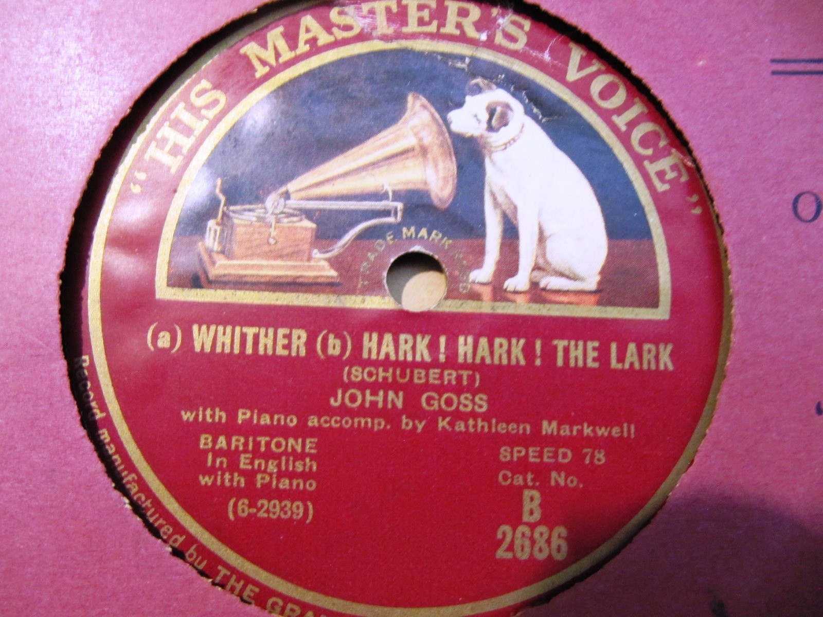 1927 JOHN GOSS bar Kathleen Markwell piano SCHUBERT WOHIN Horch Horch HMV B2686