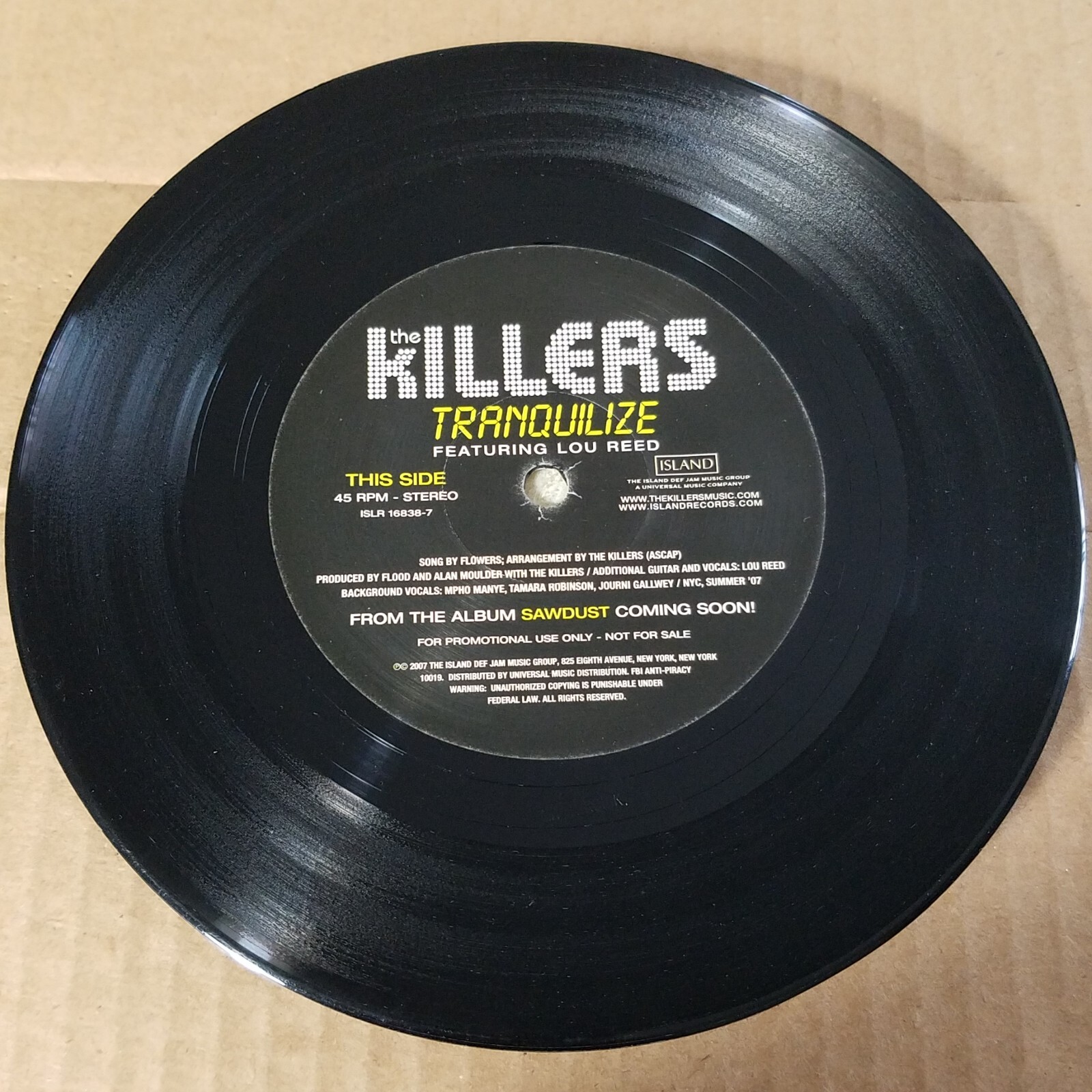 THE KILLERS Feat. Lou Reed “Tranquilize / Shadowplay” 2007 Vinyl 7″ PROMO VG+!