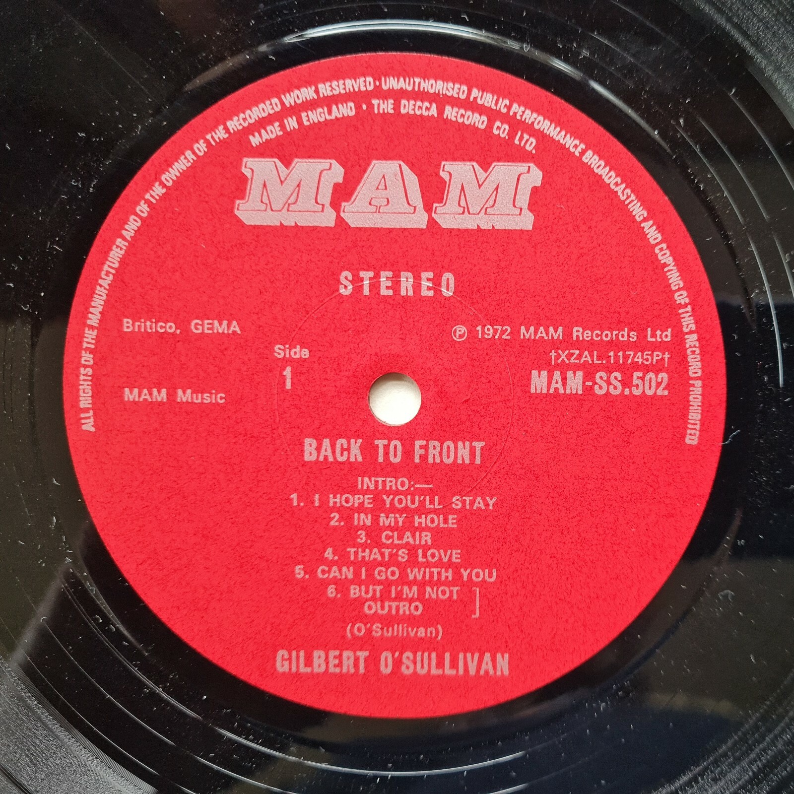 Gilbert O’Sullivan ‎– Back To Front (MAM ‎– MAM-SS 502)