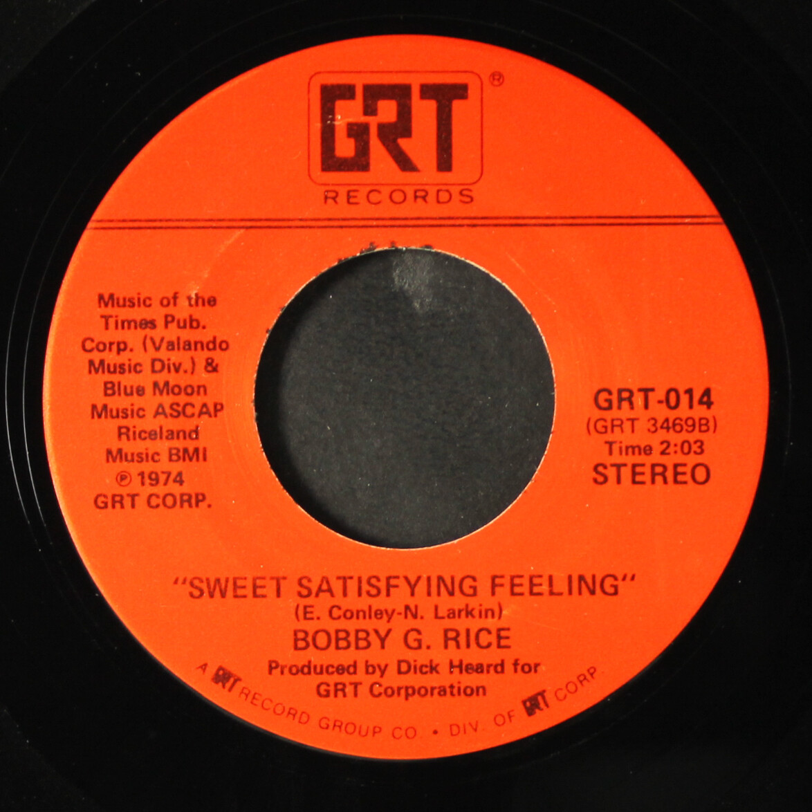 BOBBY G. RICE: write me a letter / sweet satisfying feeling GRT 7″ Single 45 RPM