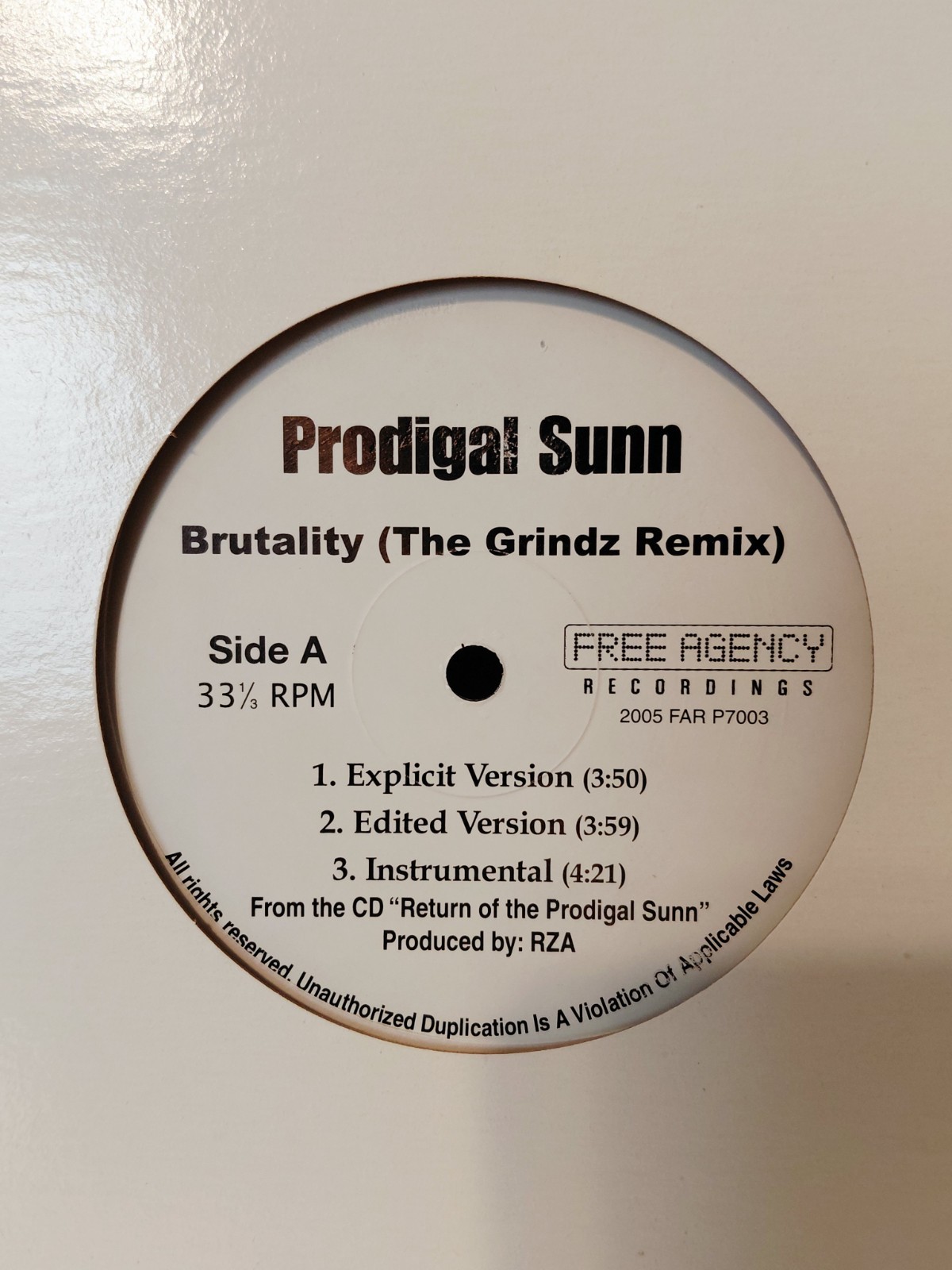 Prodigal Sunn “Brutality” 12″ Vinyl Record Maxi-single, (2005), Produced By: RZA