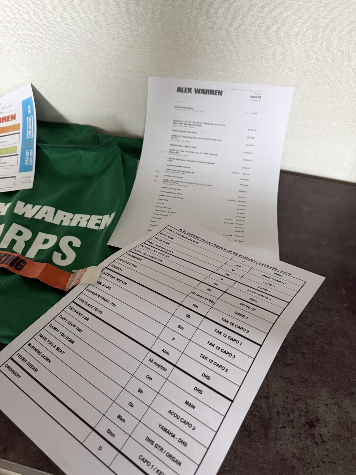 Alex Warren setlist timesheet crewsheet passsheet backstage access vest