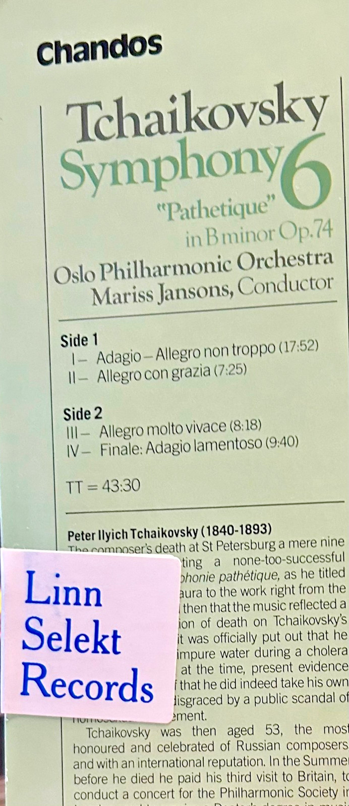 LINN LP ABRD-1158: Tchaikovsky Symphony No. 6 – Mariss Jansons, Oslo Phil – 1986